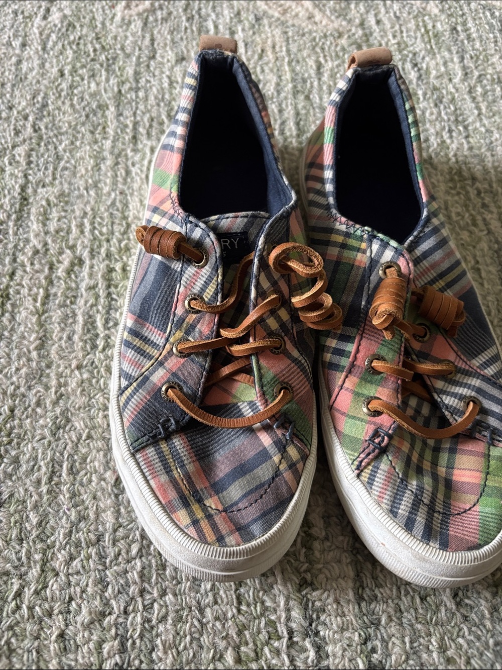 Sperry Multicolor Plaid Canvas Slip-On Sneakers with Tan Laces